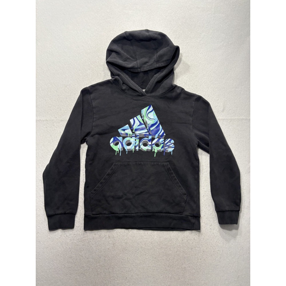 Adidas Hoodie Boys XL 18-20 Black Fleece Pullover Drip Logo Hooded Graphic